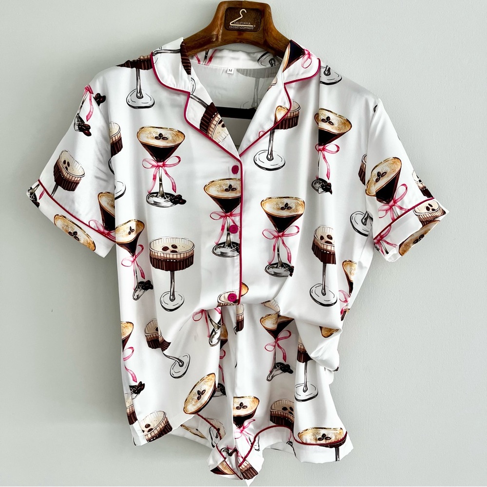 White Espresso Martini Cocktail Print Short Sleeve Pajama Set with Pink Trim